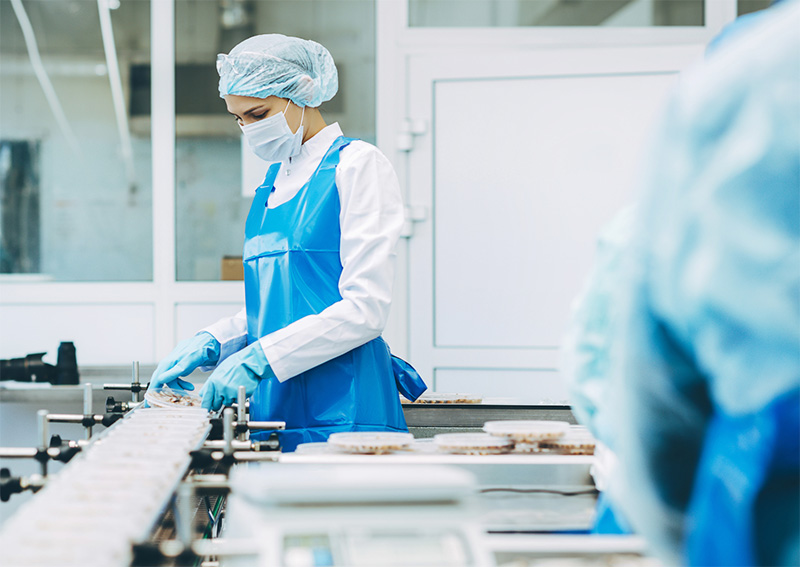 A worker in protective clothing, including a mask, hairnet, gloves, and blue apron, handles food products on a production line in a clean, modern factory setting.