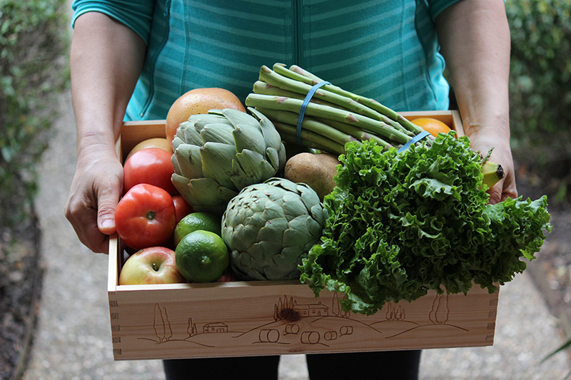 A person holds a wooden box filled with fresh vegetables and fruits, including tomatoes, artichokes, asparagus, lettuce, lime, and grapefruit. The person is wearing a blue jacket.