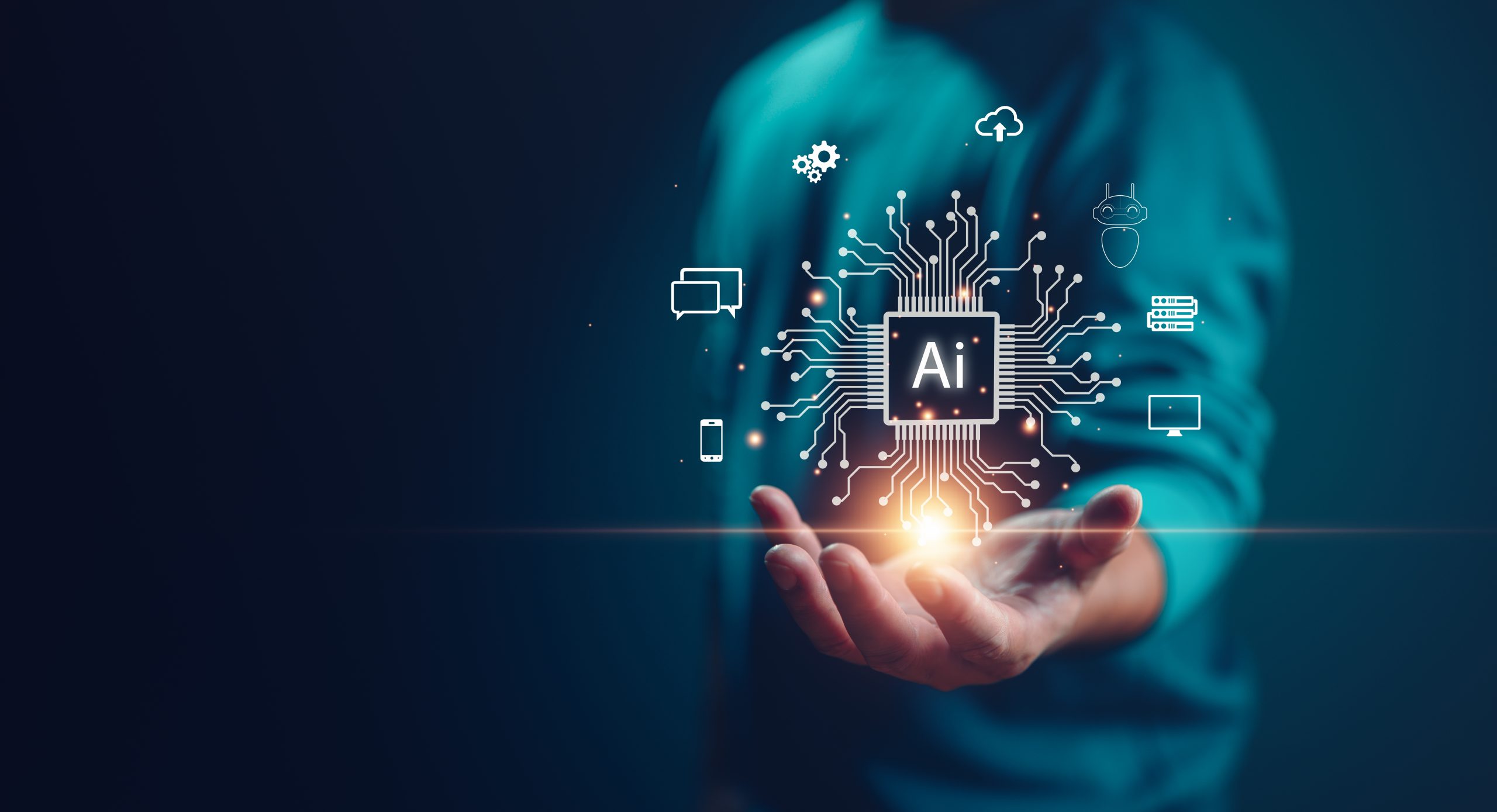 A person holds out their hand with a glowing digital AI chip and circuitry above it, surrounded by technology icons, symbolizing artificial intelligence and innovation.