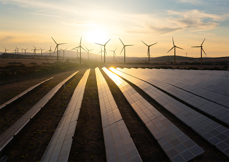 Rows of solar panels in the foreground and wind turbines in the background capture renewable energy at sunset, with sunlight reflecting off the panels and a clear sky above.