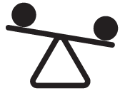 A simple black-and-white icon of a seesaw with two circles representing people on each end, with one side raised higher than the other, illustrating an imbalance.